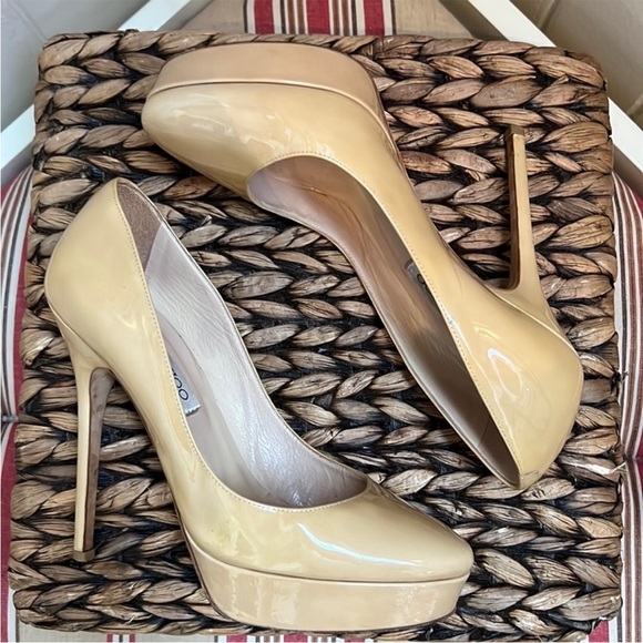 Jimmy Choo Patent Leather Cosmic Platform Heels in Nude Cream Beige - Picture 2 of 16